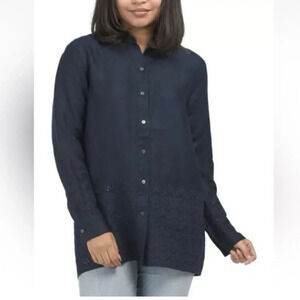 ELIE TAHARI Linen Eyelet Easy Tunic Top Shirt Embroidered Dark Navy S NWT $285